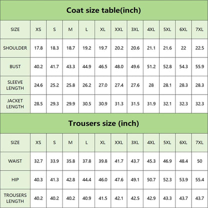Größentabelle für Mäntel und Hosen in Zoll, XS bis 7XL, grün, detaillierte Maße.