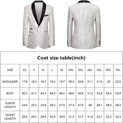 Weißer Smoking-Blazer mit schwarzem Revers, florales Muster, Herrenmode, Größentabelle.