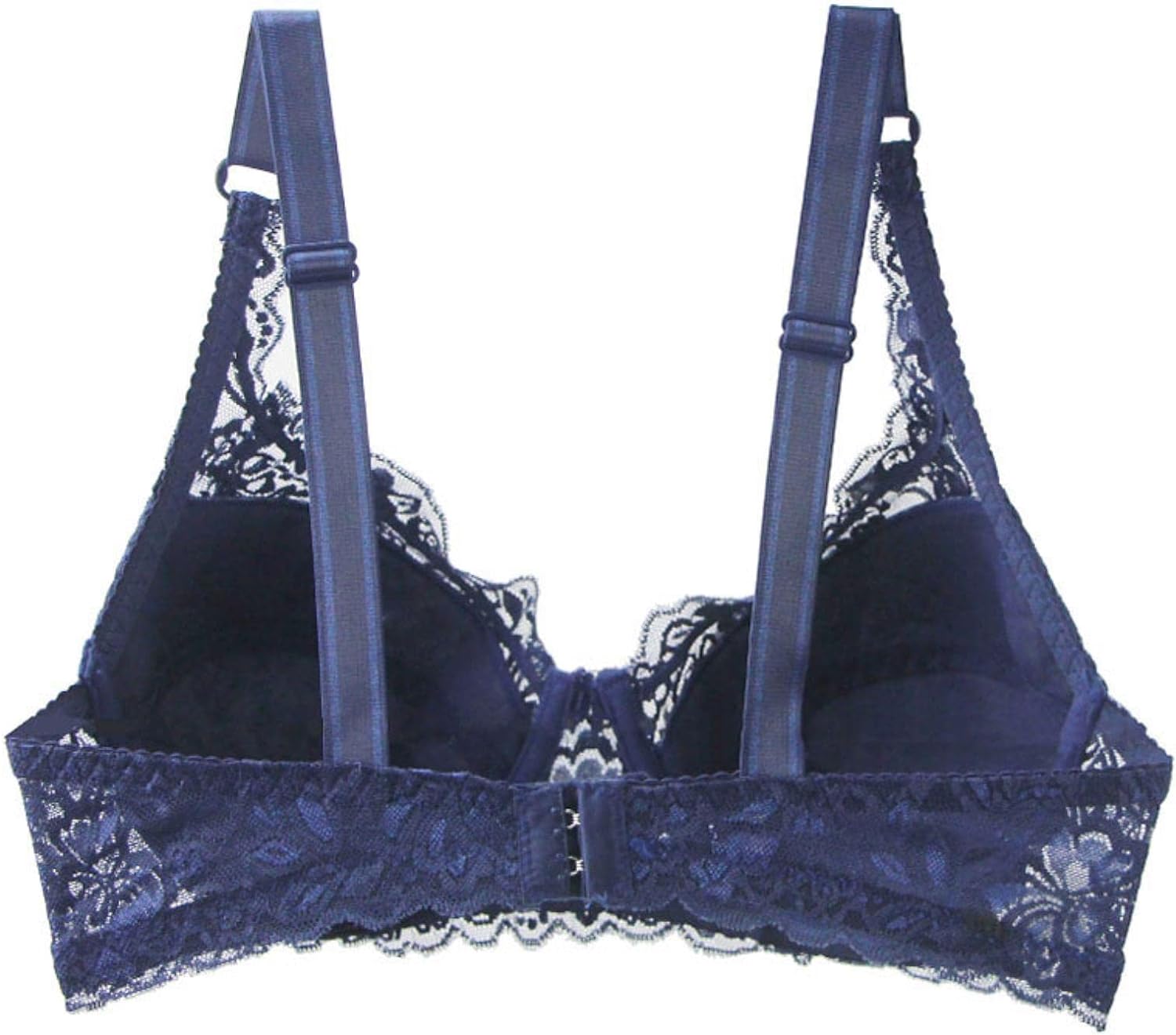 Dunkelblauer Spitzen-BH, verstellbare Träger, Rückansicht, elegante Damenunterwäsche.