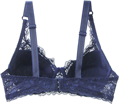 Dunkelblauer Spitzen-BH, verstellbare Träger, Rückansicht, elegante Damenunterwäsche.