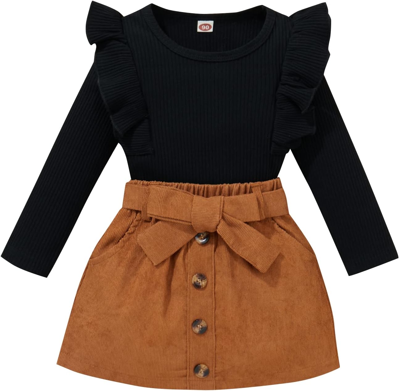 Schwarzes Langarm-Kleid mit Rüschen und braunem Cordrock, Knöpfen und Schleife für Mädchen.