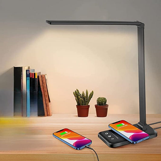 Schwarze LED-Schreibtischlampe mit kabelloser Ladefunktion, moderne Tischleuchte, USB-Anschluss.