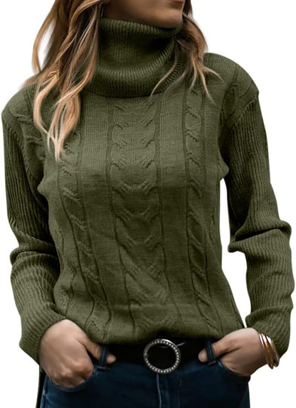 Damen Rollkragenpullover, olivgrün, Zopfmuster, Strick, warm, modisch, Herbstmode.