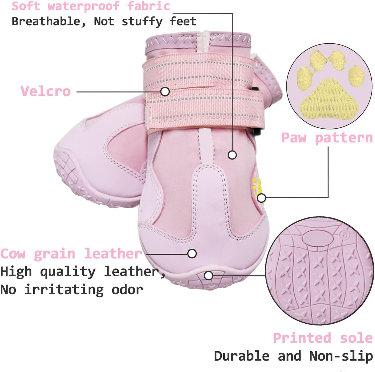 Rosa wasserdichte Hundeschuhe aus Leder mit Klettverschluss und rutschfester Sohle.