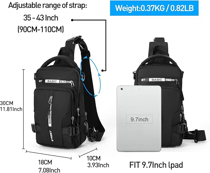 Schwarze Umhängetasche, verstellbar, passend für 9,7 Zoll iPad, leicht, 0,37 kg.