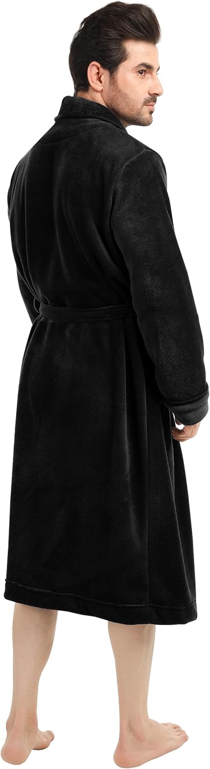 Schwarzer Herren-Bademantel aus Fleece, lang, warm, mit Gürtel, ideal für Zuhause.