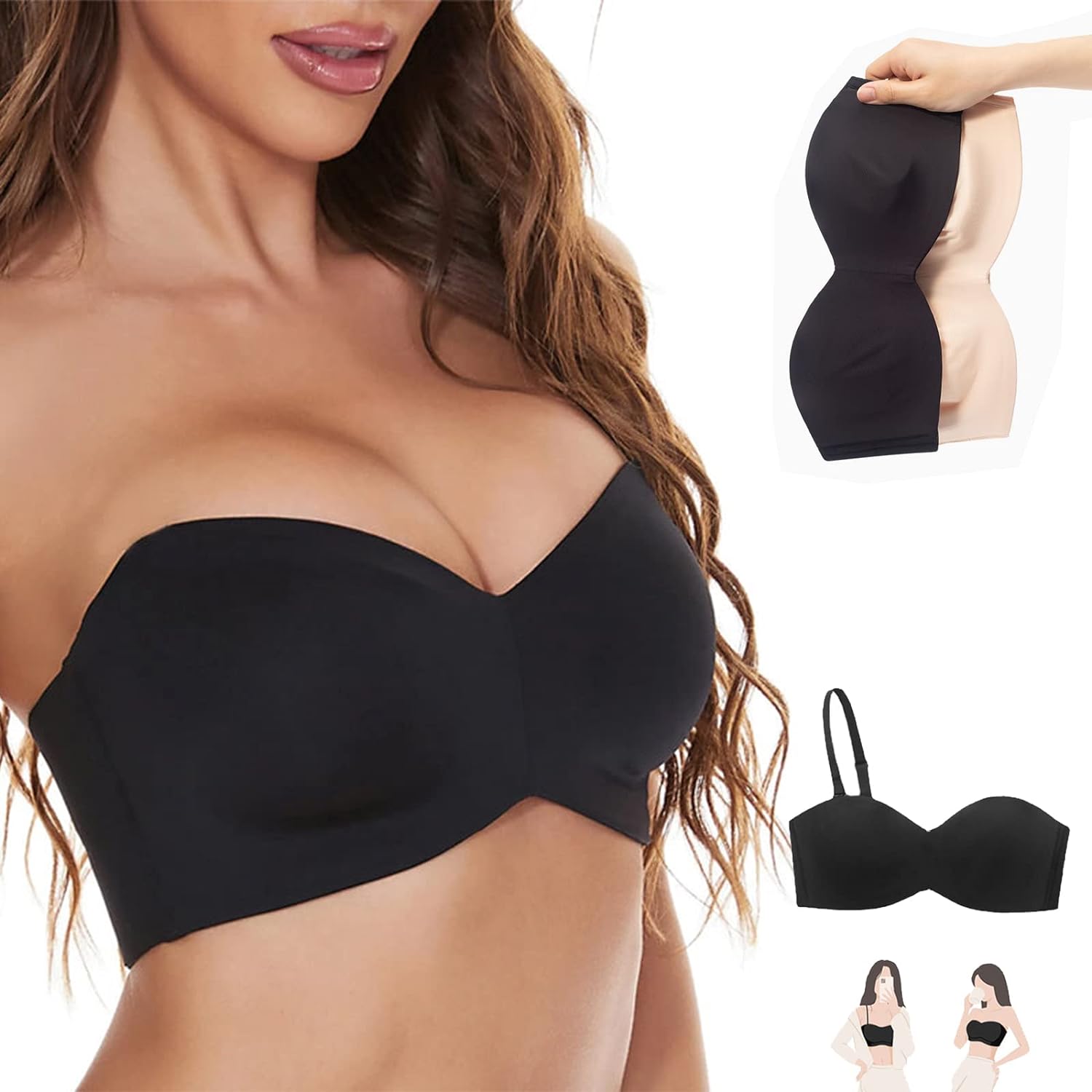 Frau trägt schwarzen trägerlosen BH, nahtlos, Push-up, ideal für Abendkleider, Set mit beige BH.