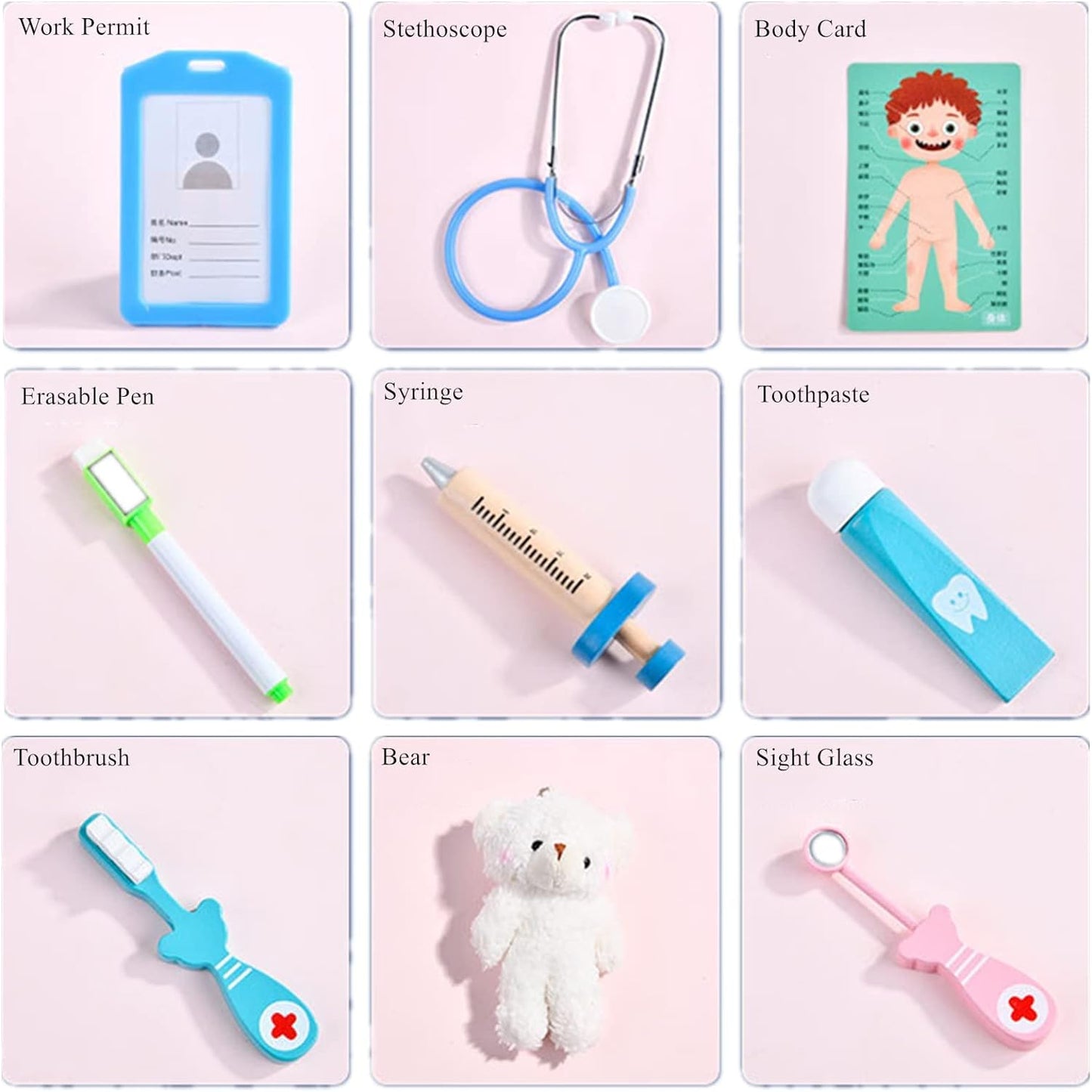 Spielzeug-Arztset für Kinder, blau-weiß, mit Stethoskop, Spritze, Zahnbürste, Teddy.