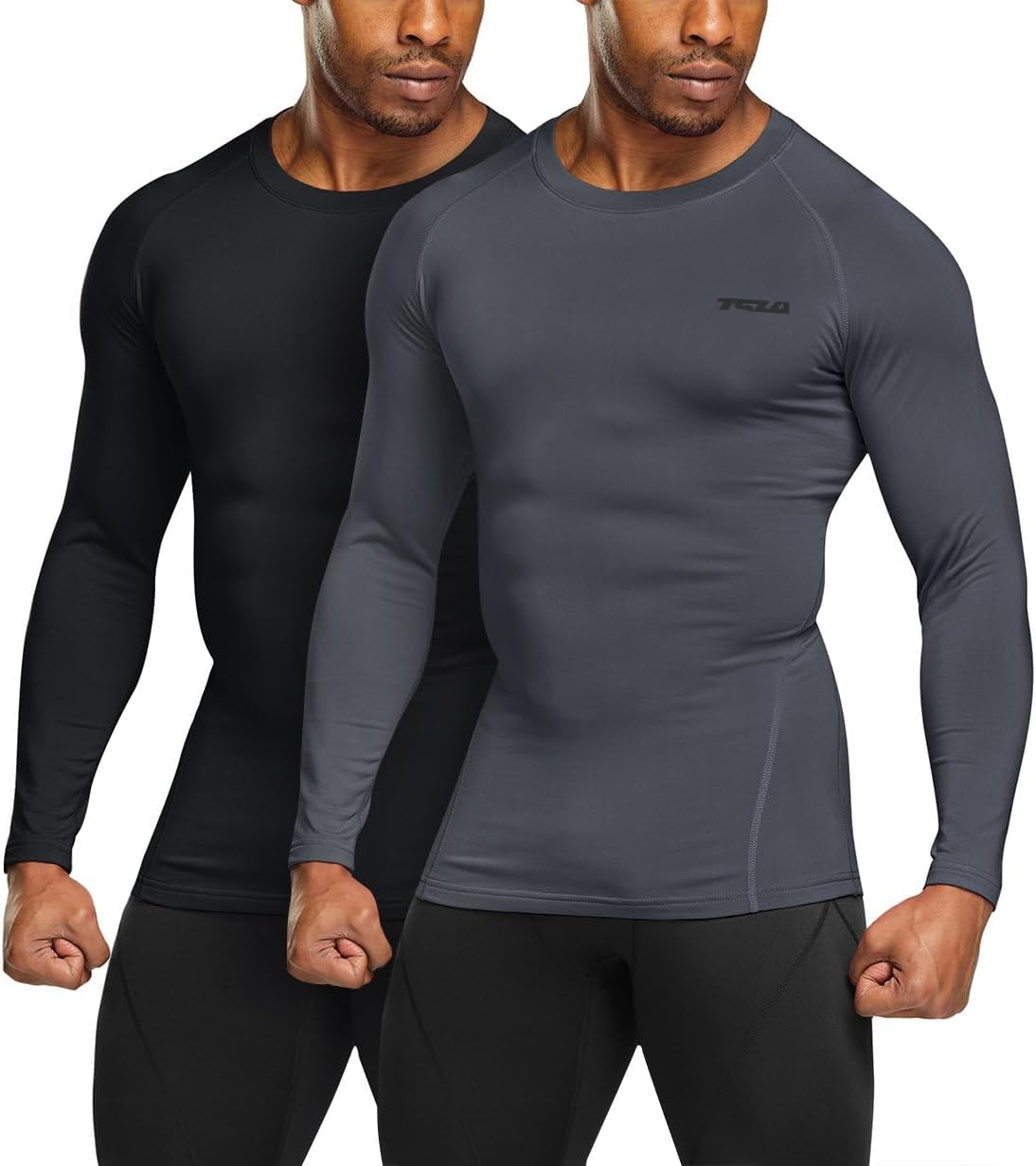 Zwei Herren-Kompressionsshirts, langarm, schwarz und grau, Sportbekleidung, eng anliegend.