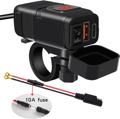 USB- och Typ-C-snabbladdare för motorcykel med voltmeter – Drayvik