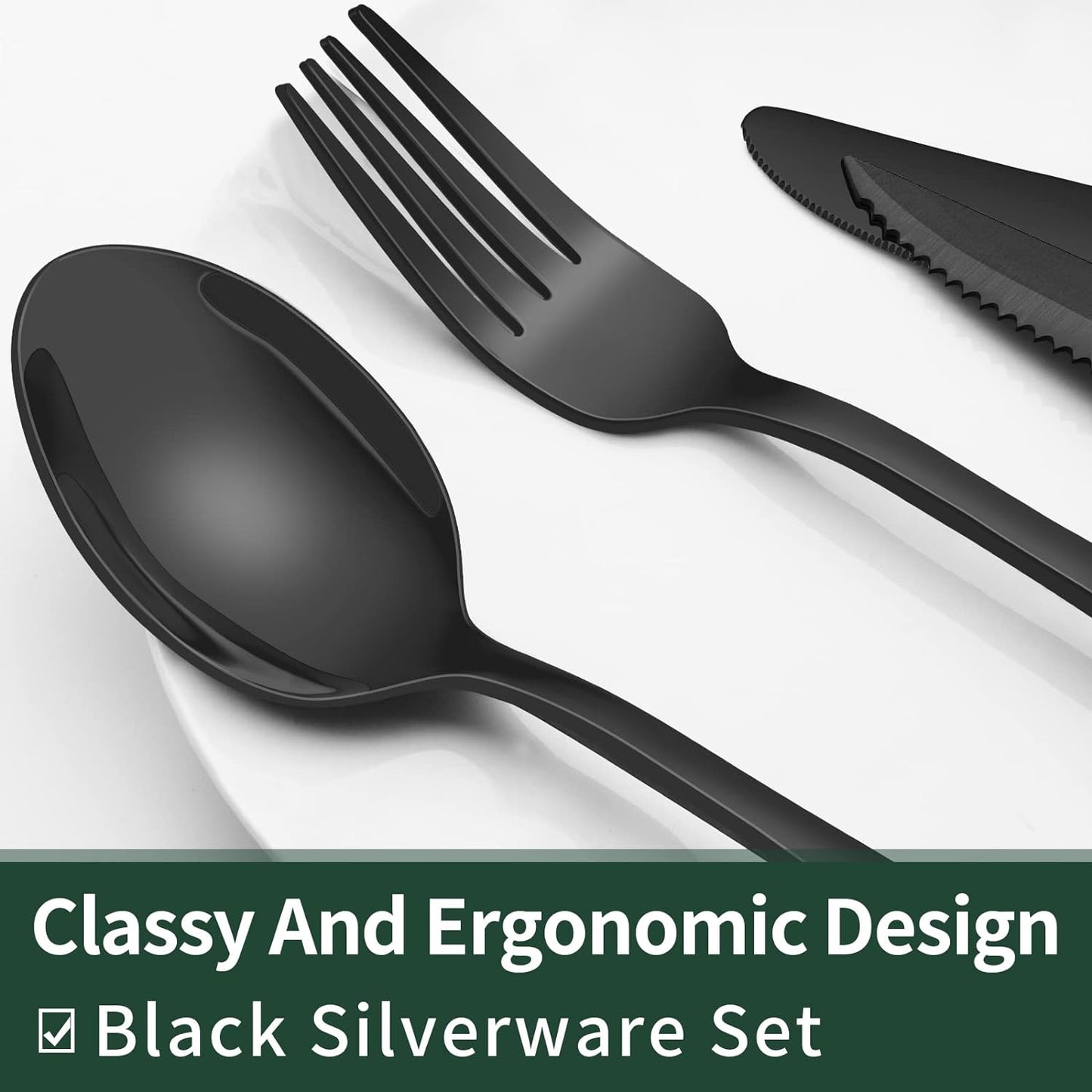Schwarzes Besteckset aus Edelstahl, ergonomisches Design, Löffel, Gabel, Messer auf Teller.