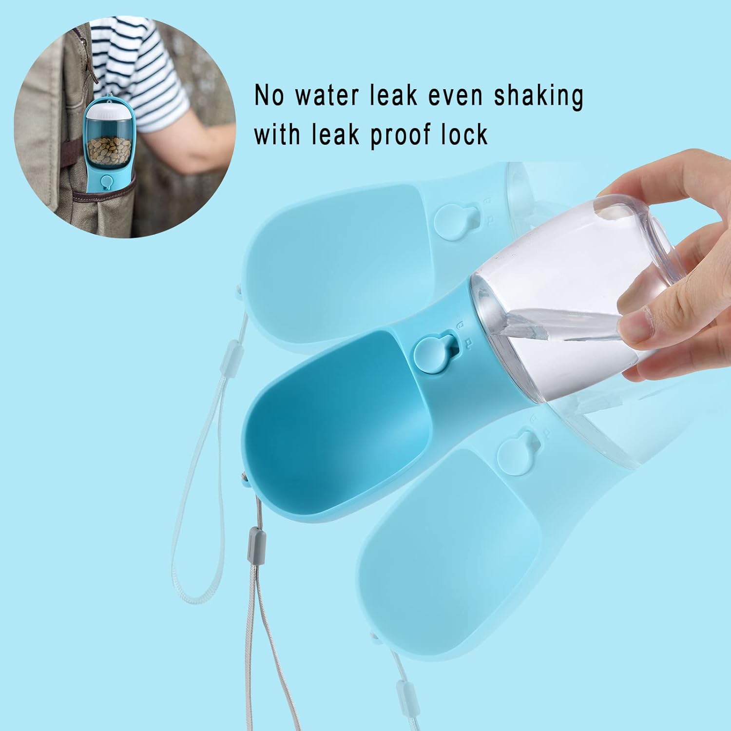 Tragbare blaue Hundewasserflasche, auslaufsicher, mit Spender, ideal für unterwegs.