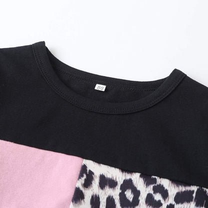 Schwarz-pinkes Kinder-T-Shirt mit Leopardenmuster, Baumwolle, Größe 80.