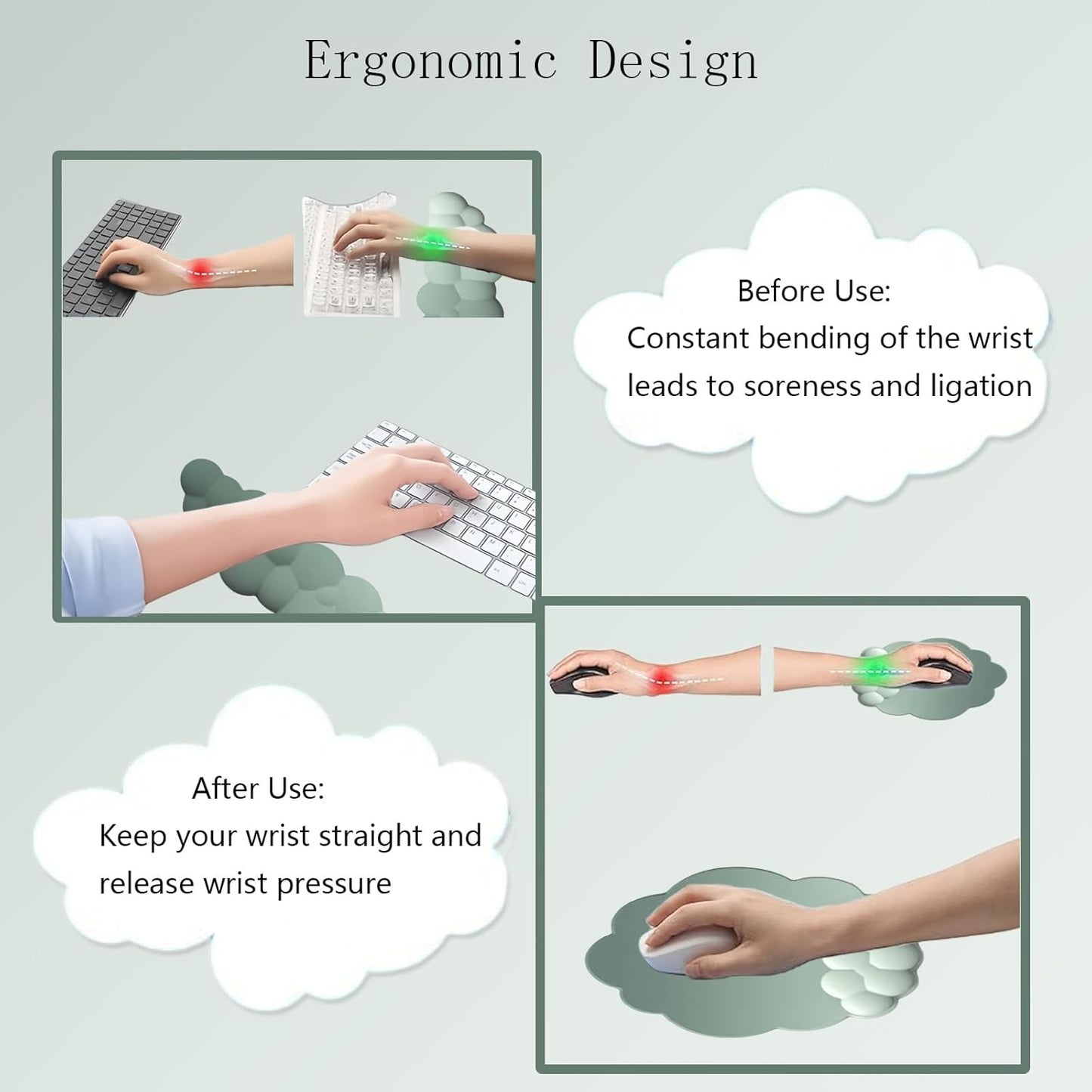 Molnformat ergonomiskt handledsstöd med musmatta och underlägg – Zeyora