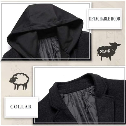 Schwarzer Wollmantel mit abnehmbarer Kapuze, elegantes Design, Herrenmode, Winterbekleidung.