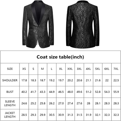 Schwarzes Herren-Sakko mit floralem Muster, glänzendem Stoff, Größen XS bis 7XL, Größentabelle.