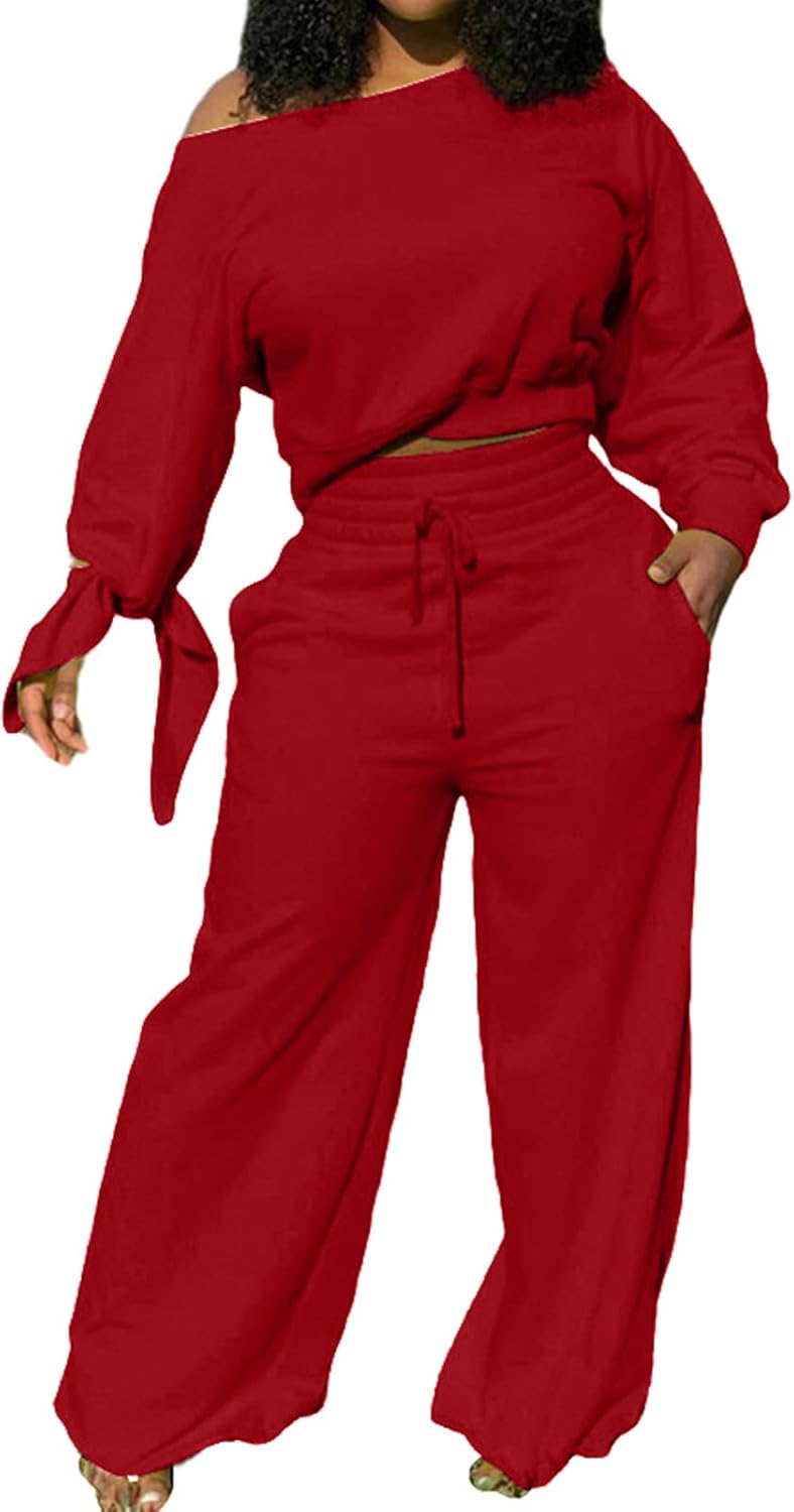 Roter Damen-Zweiteiler, lässig, Langarm, Off-Shoulder, weite Hose, Freizeitmode.