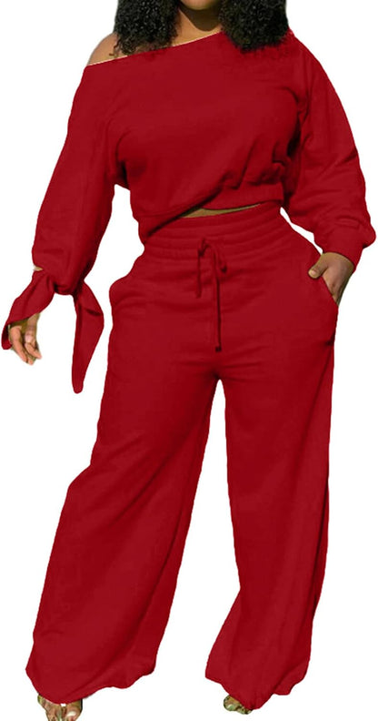 Roter Damen-Zweiteiler, lässig, Langarm, Off-Shoulder, weite Hose, Freizeitmode.