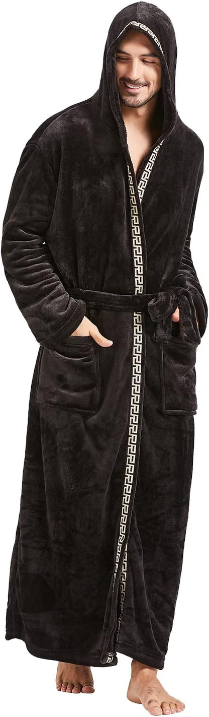 Schwarzer Herren-Bademantel mit Kapuze, Fleece, warm, gemütlich, ideal für Zuhause.