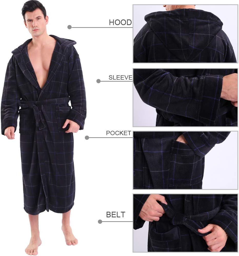 Schwarzer Herren-Bademantel mit Kapuze, kariert, Fleece, Gürtel, Taschen, langärmelig.