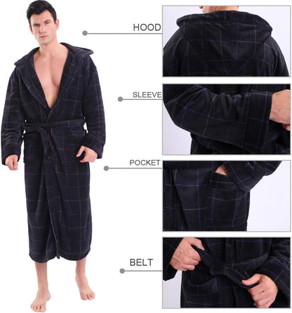 Schwarzer Herren-Bademantel mit Kapuze, kariert, Fleece, Gürtel, Taschen, langärmelig.