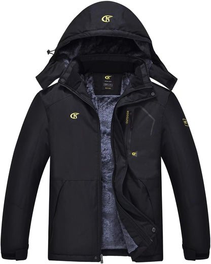 Schwarze Herren-Winterjacke mit Kapuze, wasserdicht, winddicht, warm gefüttert.