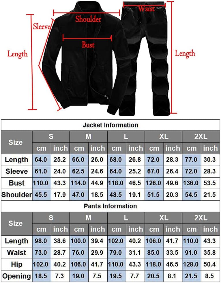 Größentabelle für schwarze Herren-Trainingsanzugjacke und Hose, Maße in cm und Zoll.