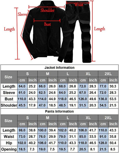 Größentabelle für schwarze Herren-Trainingsanzugjacke und Hose, Maße in cm und Zoll.