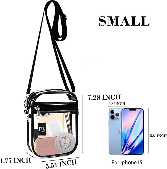Kleine transparente Umhängetasche, PVC, schwarz, für iPhone 15, ideal für Stadionbesuche.