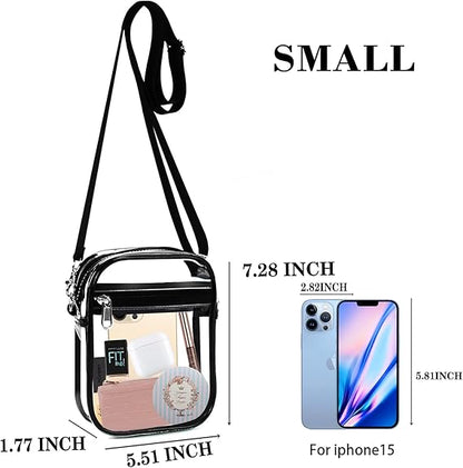 Kleine transparente Umhängetasche, PVC, schwarz, für iPhone 15, ideal für Stadionbesuche.