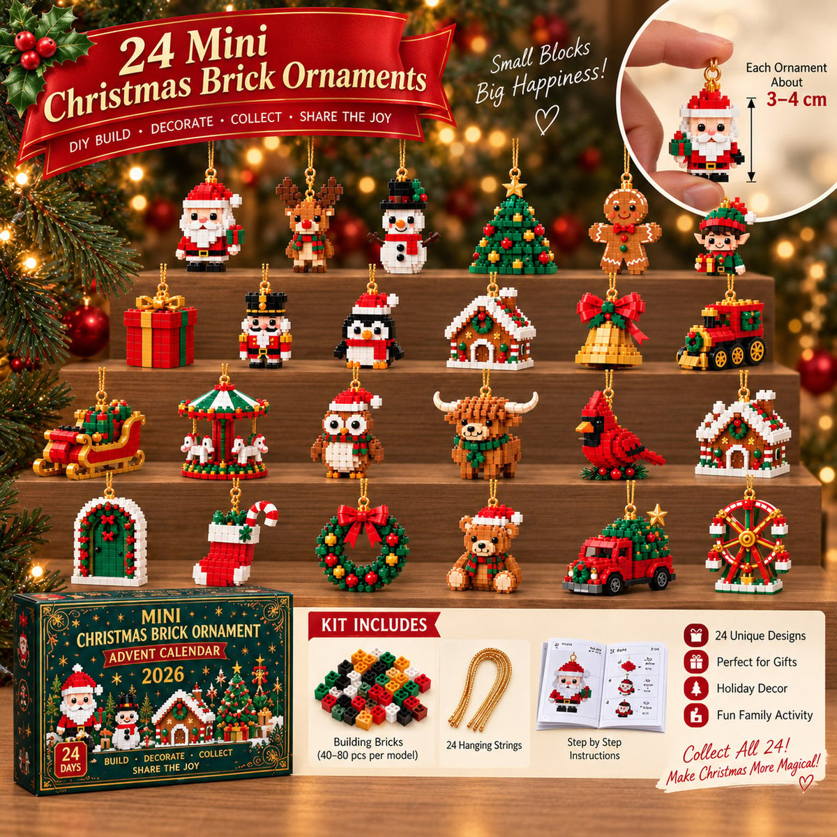 Översikt över alla 24 ornament på trappsteg, med ask, byggklossar, hängsnören och instruktionshäfte samt figur i fingrarna för storlek. 5
