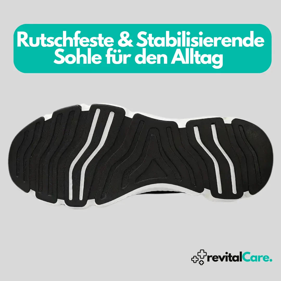 Rutschfeste schwarze Schuhsohle, stabilisierend, ideal für Alltag, RevitalCare.