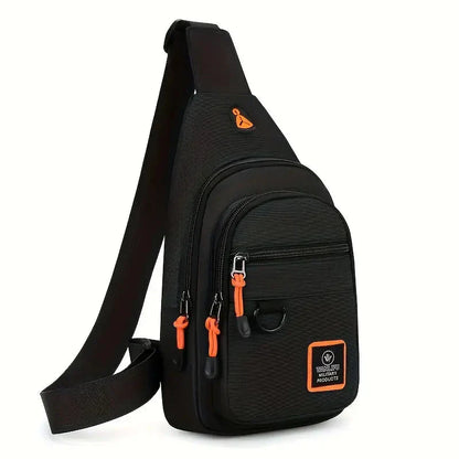 Schwarze Umhängetasche mit orangefarbenen Akzenten, Reißverschlüssen, ideal für Herren, Freizeit.