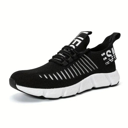 Schwarzer Sportschuh, atmungsaktiv, mit weißer Sohle, ideal für Laufen und Fitness.