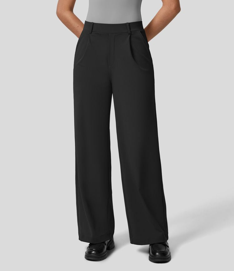 Damenhose schwarz, weit geschnitten, elegant, Business-Look, Anzughose, modisch, bequem.