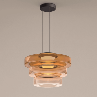 Moderne Pendelleuchte aus Glas, dreistufig, in Bernsteinfarbe, für Wohnzimmerbeleuchtung.