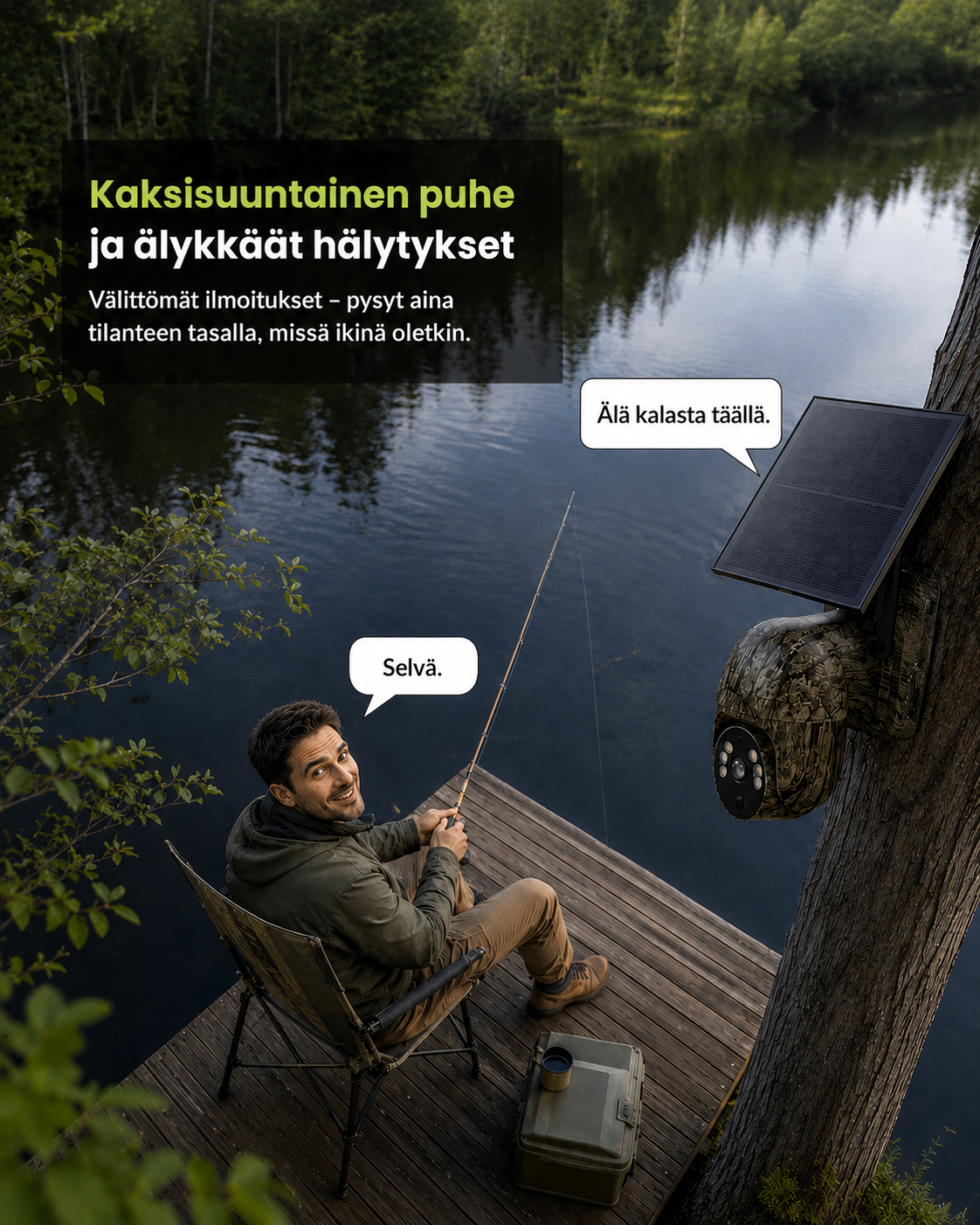 Man som fiskar på en brygga vid en sjö, medan kameran på trädet bredvid ropar till honom via tvåvägsljud. 5