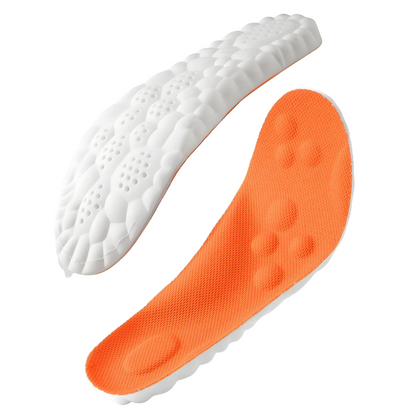 Weiße und orange Schuheinlagen, ergonomisch, stoßdämpfend, für Komfort und Unterstützung.