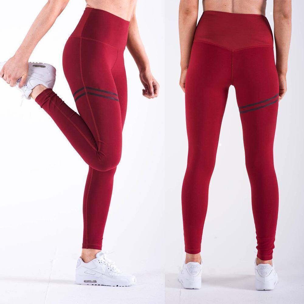 Rote Damen-Sportleggings, hoch tailliert, mit Streifen, ideal für Fitness und Yoga.