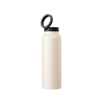 Beige Edelstahl-Wasserflasche mit schwarzem Deckel, wiederverwendbar, umweltfreundlich.