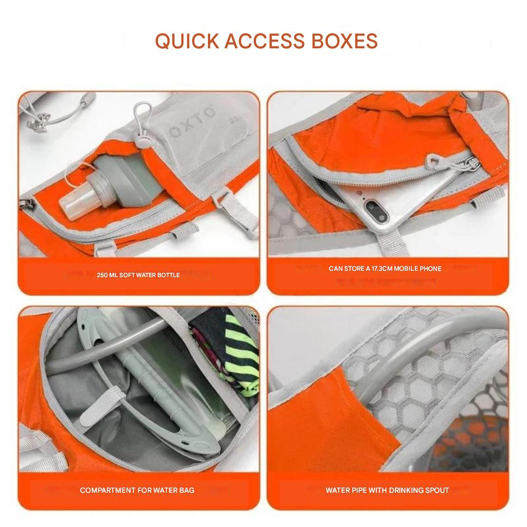 Orange Rucksack mit Fächern für 250 ml Wasserflasche, Handy, Trinkschlauch, Wasserbeutel.