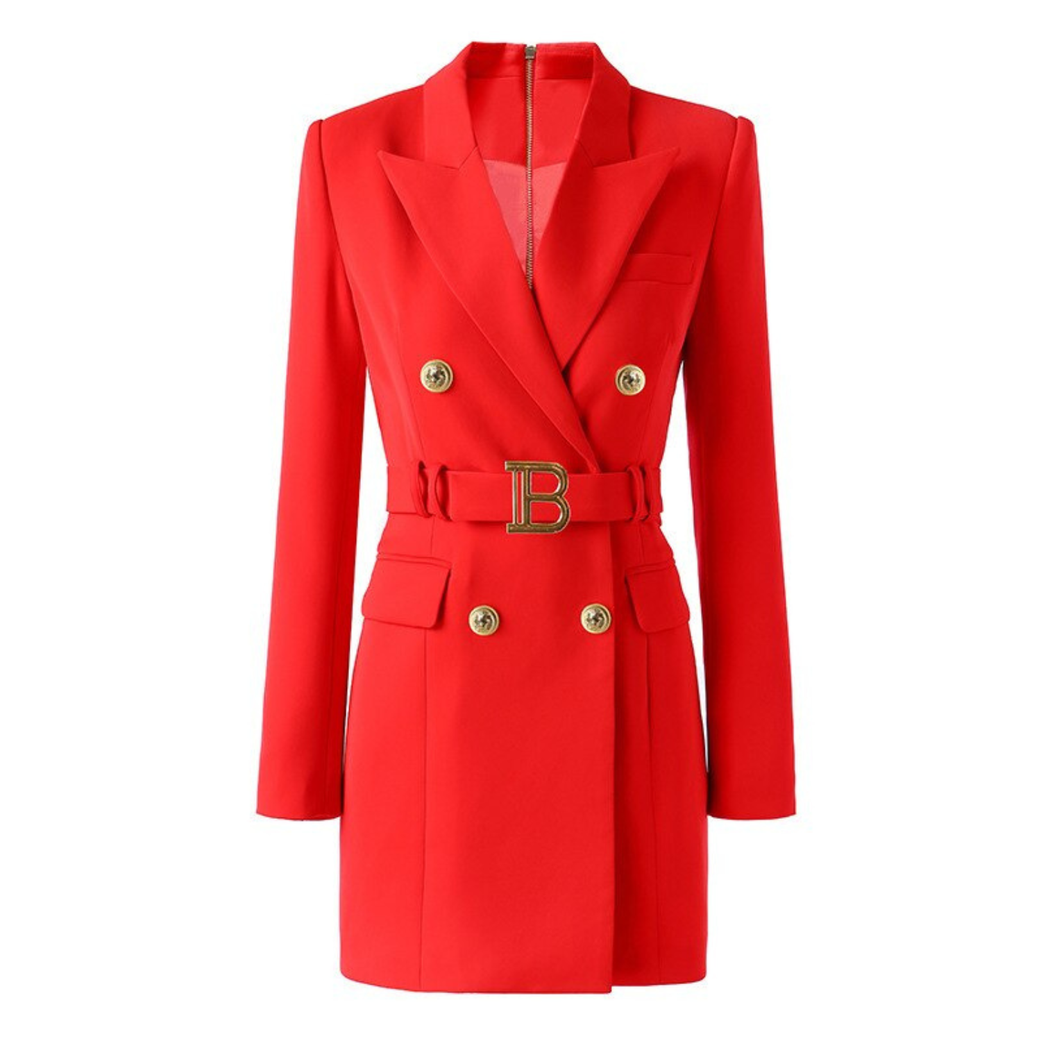 Roter Damenblazer mit Gürtel, goldene Knöpfe, elegantes Design, Businessmode, Herbstkollektion.