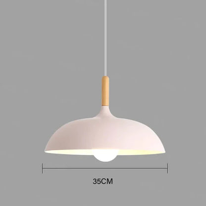 Moderne weiße Pendelleuchte, 35 cm, Holzdetail, skandinavisches Design, Innenbeleuchtung.
