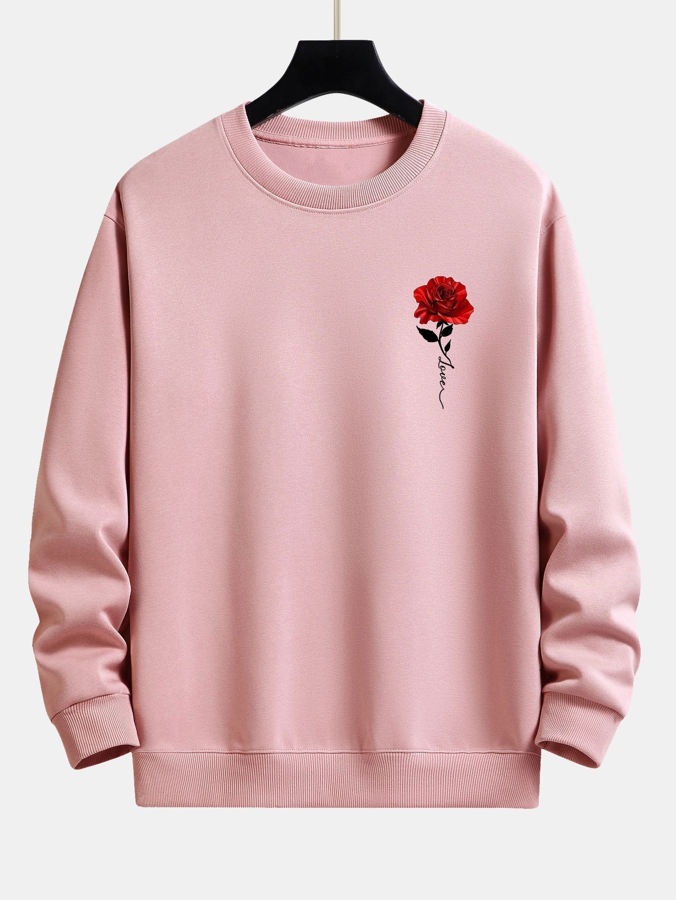 Rosa Sweatshirt mit rotem Rosenmotiv, Unisex, Baumwolle, lässig, modisch, bequem.