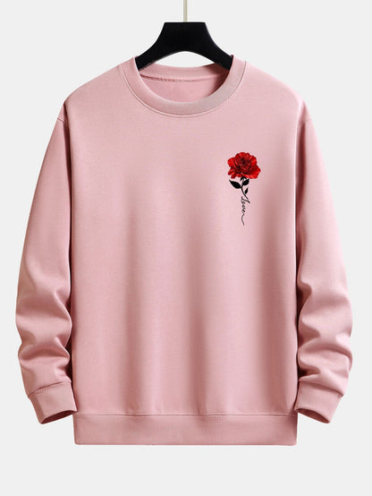Rosa Sweatshirt mit rotem Rosenmotiv, Unisex, Baumwolle, lässig, modisch, bequem.