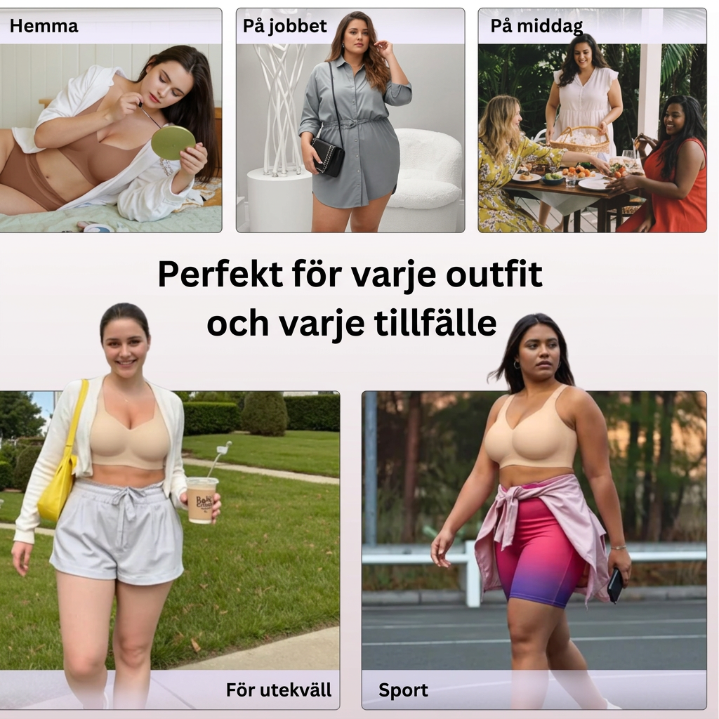 Kollage med modeller i beige och brun bh hemma, på jobbet, middag, promenad och sport 15
