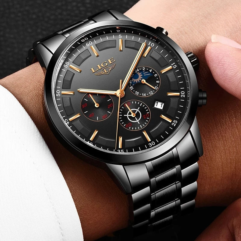 Schwarze Herrenarmbanduhr mit Chronograph, Edelstahlarmband, analoges Zifferblatt, modisch.