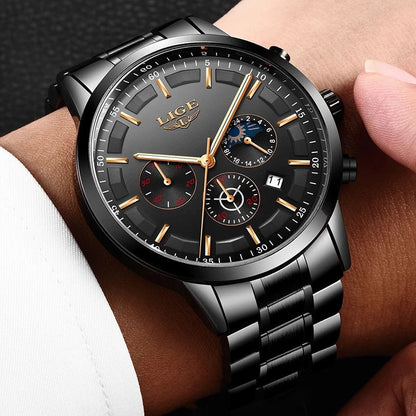 Schwarze Herrenarmbanduhr mit Chronograph, Edelstahlarmband, analoges Zifferblatt, modisch.