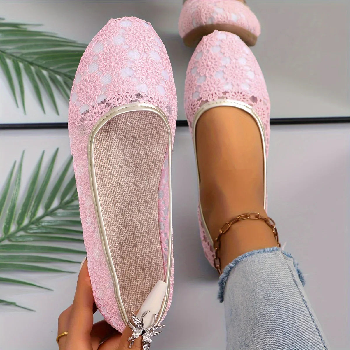 Rosa Spitzen-Ballerinas für Damen, flach, elegant, bequem, mit Blumenmuster, Freizeitmode.