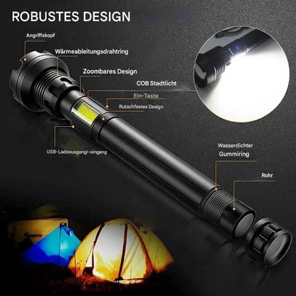 Schwarze LED-Taschenlampe, wasserdicht, USB-aufladbar, mit Zoom und COB-Licht, robustes Design.